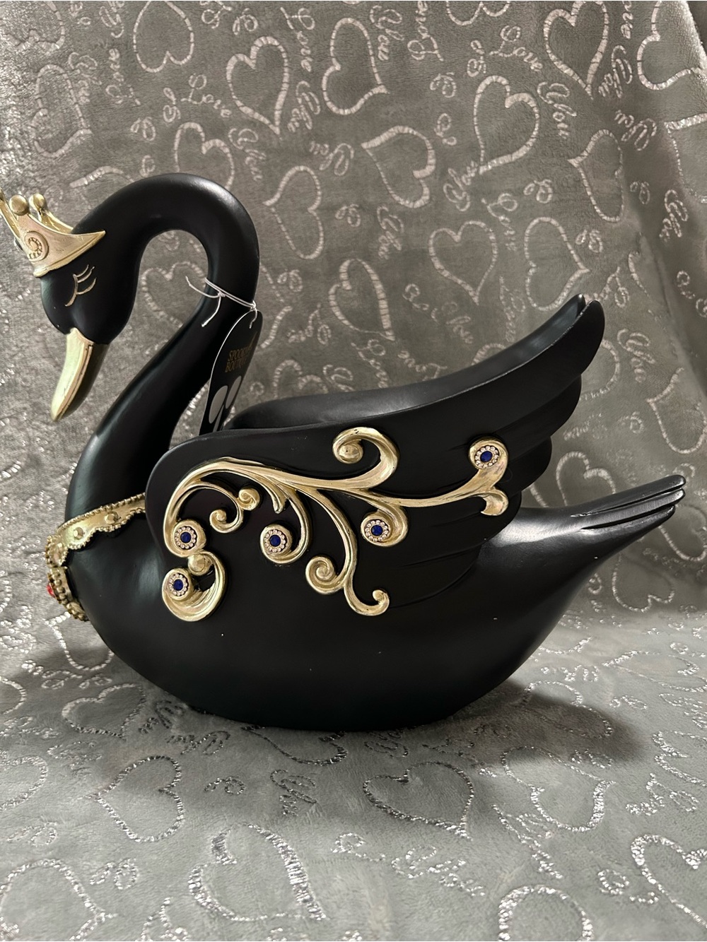 NWT Spooky Boutique, 13x11” Black Swan Decorative Figurine w/Gold & Gem Accents